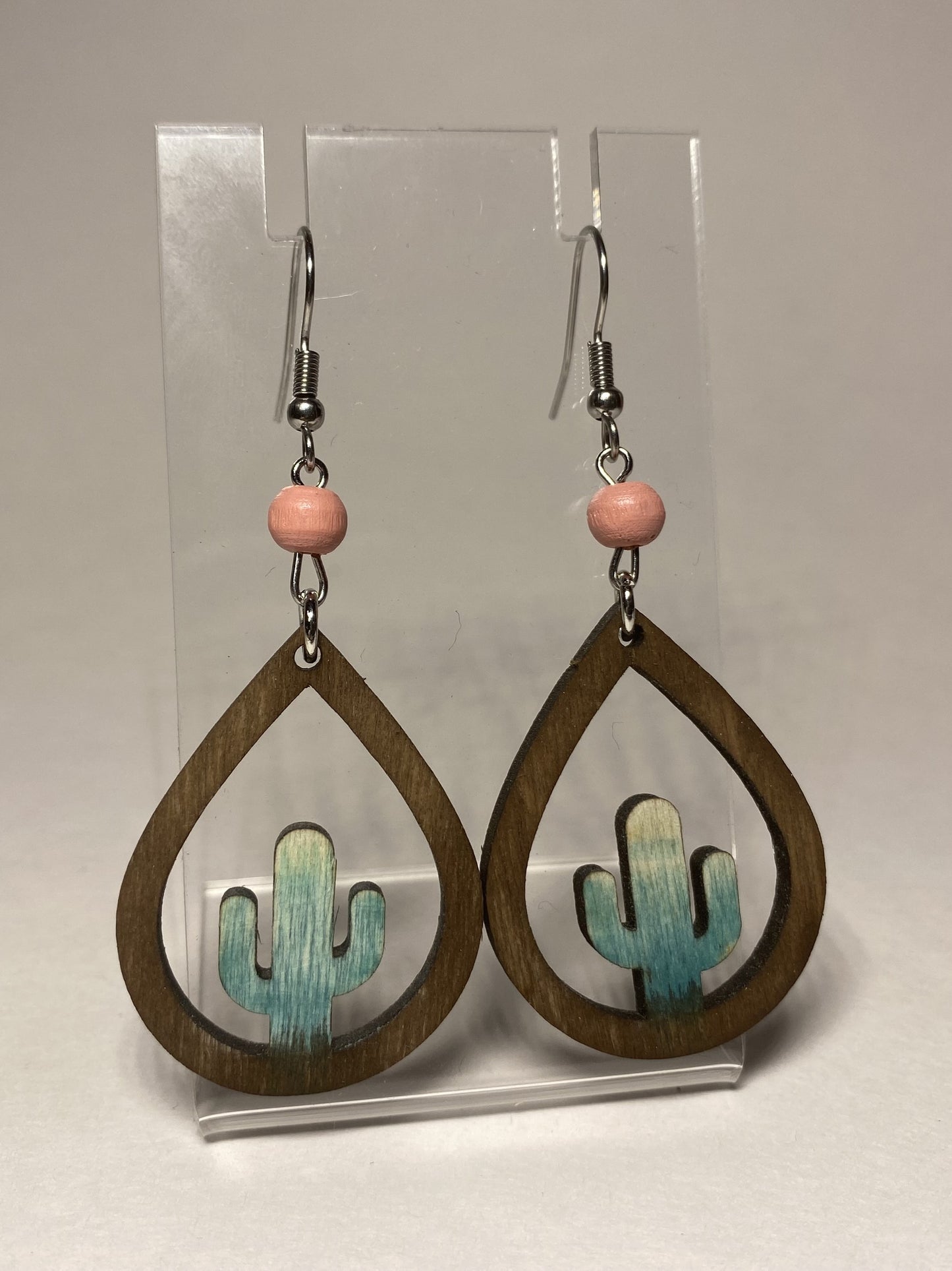 Wooden Cactus Loop Earrings