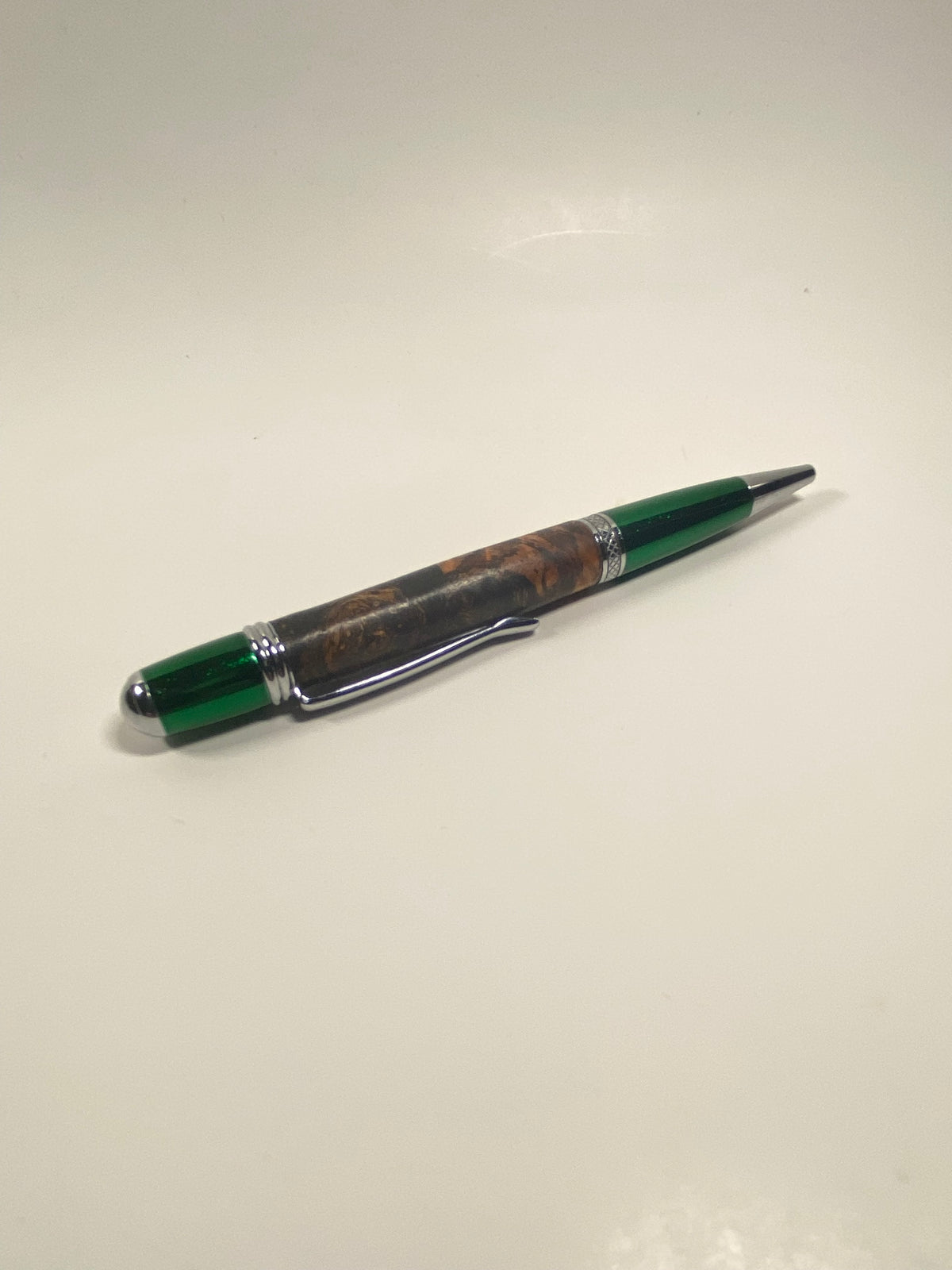 Burled Mesquite with Green Hardware Ball Point Pen