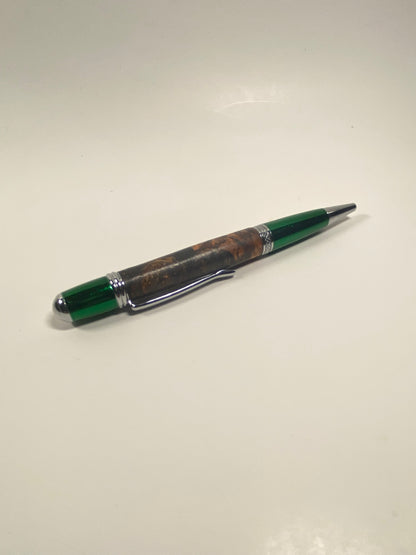 Burled Mesquite with Green Hardware Ball Point Pen
