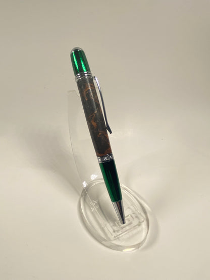 Burled Mesquite with Green Hardware Ball Point Pen